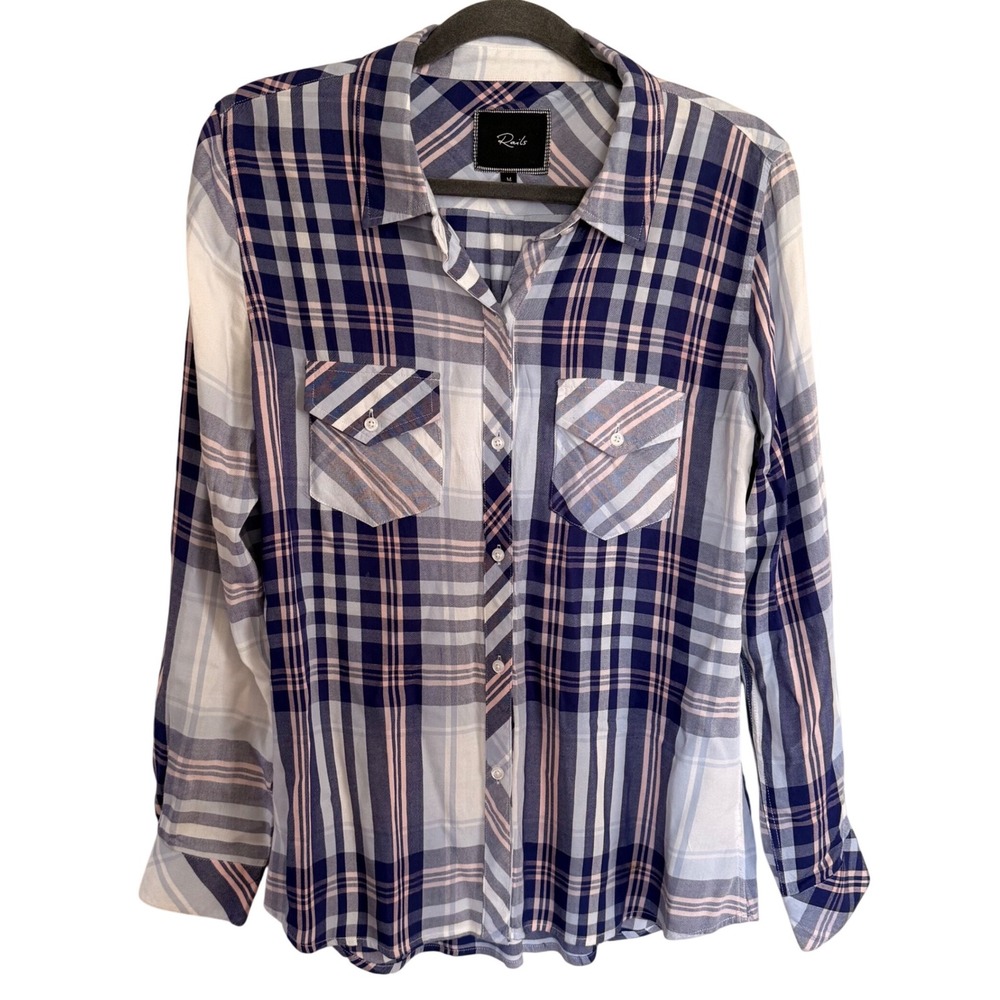 Rails Hunter Plaid Button Front Shirt Navy Blue Medium Western Beach Casual